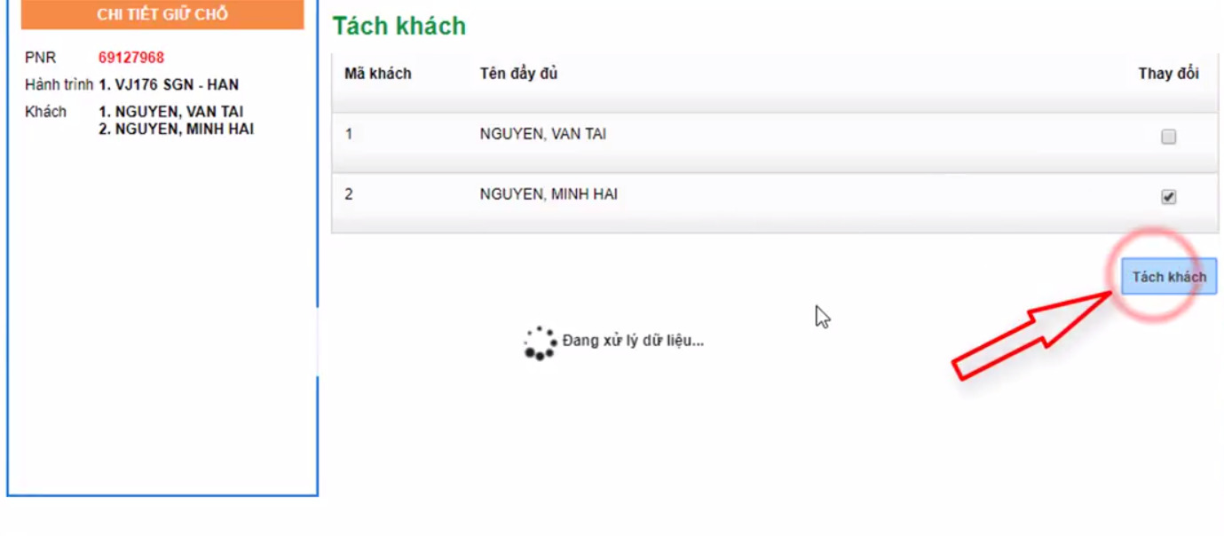BƯỚC 3-HƯỚNG DẪN TÁCH KHÁCH HÃNG VIETJET AIR TRÊN MUADI.COM.VN